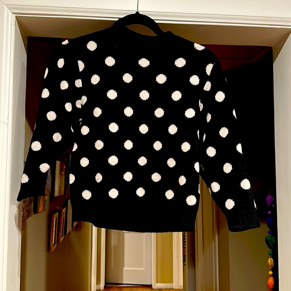 Joie sweater. Black sweater with cream polka dots. Reverse patter inside.